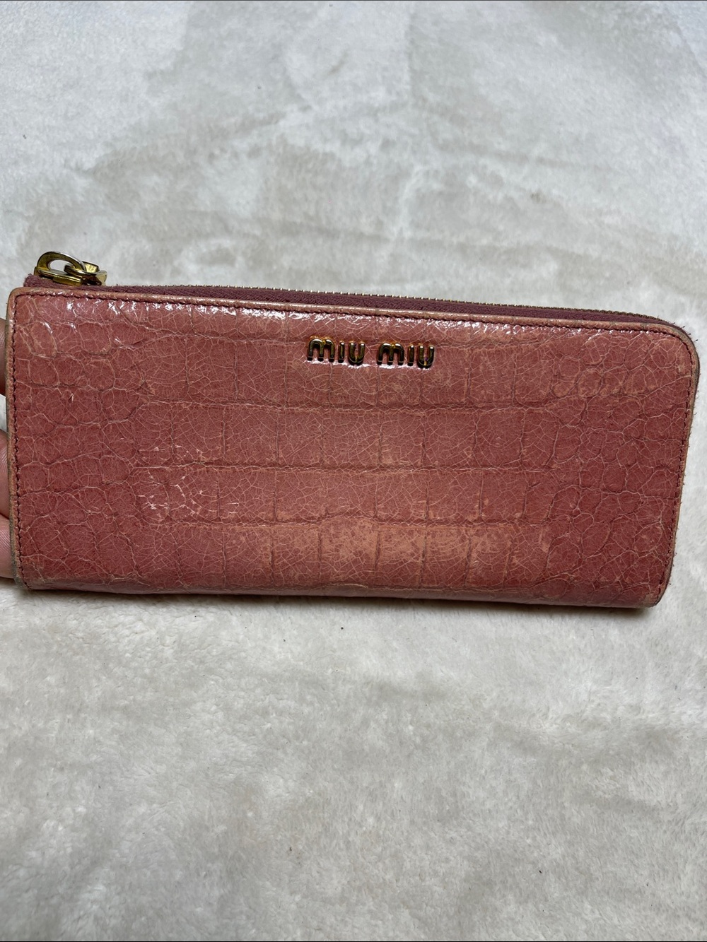 Miu Miu Rose Pink Croc-Embossed Zip Wallet with Gold Logo